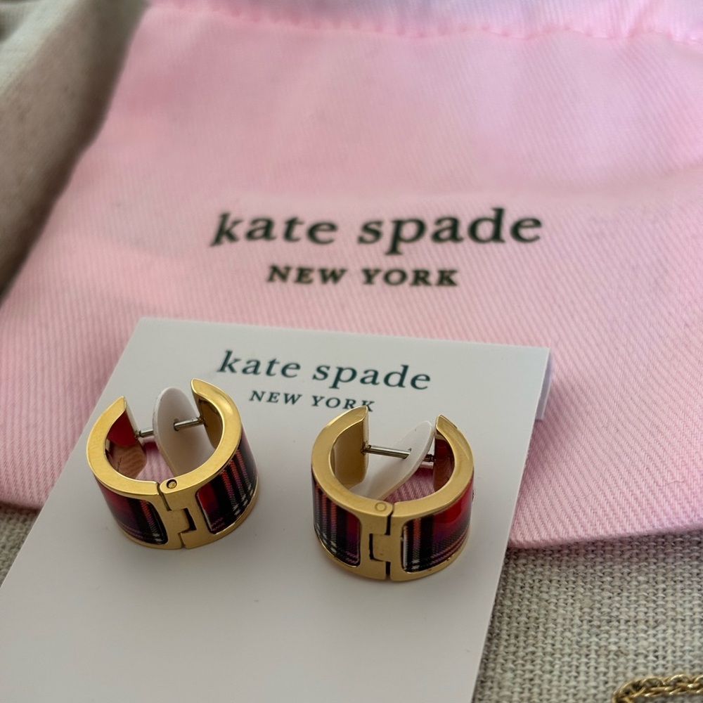 Kate Spade Red and Gold Plaid Hoop Earrings